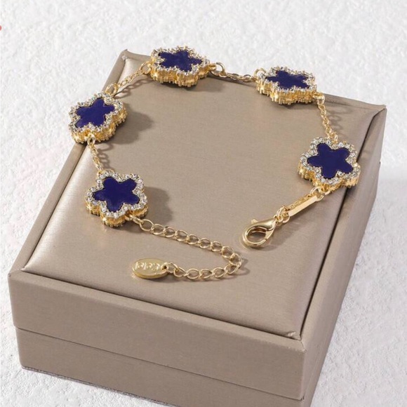 Blue and Gold Floral Bracelet with Adjustable Chain